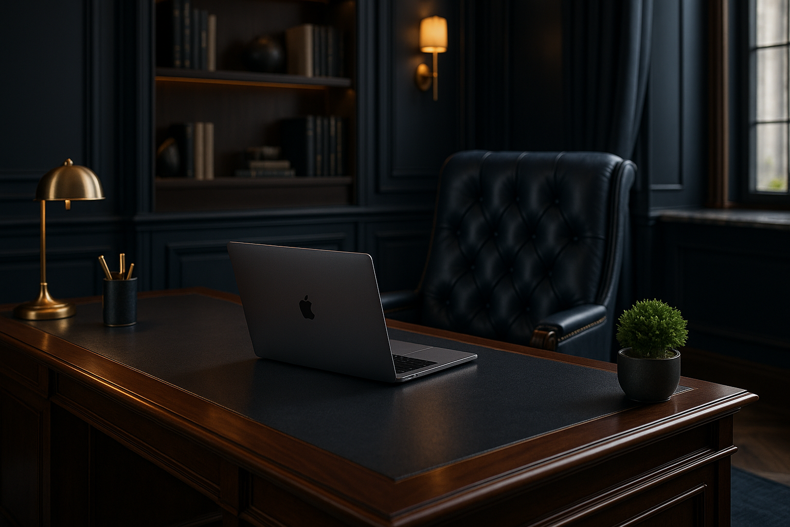 a dark navy blue premium Office with a laptop onthe Office Table